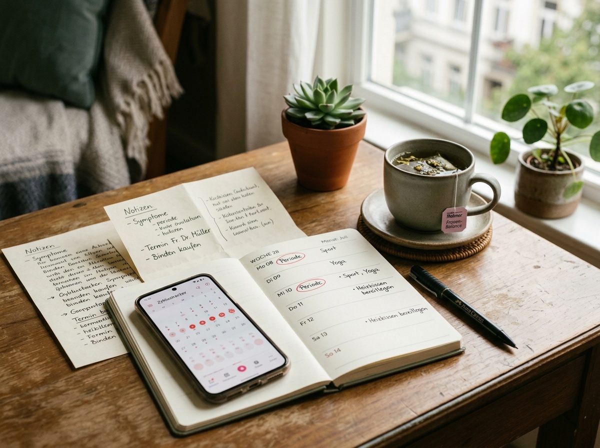 Zykluskalender und medizinische Notizen als Symbol für Zyklusbeobachtung bei PCOS.