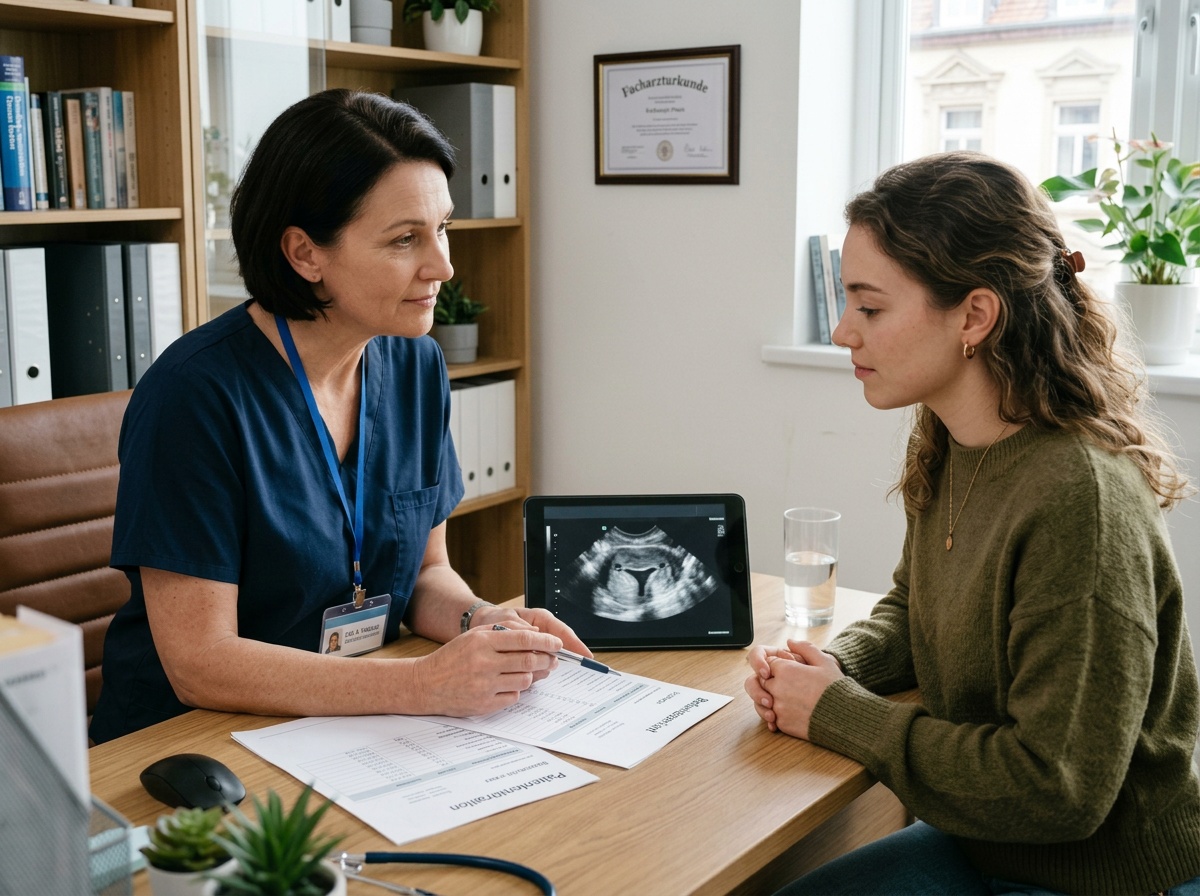 Gynäkologin bespricht Blutwerte und Ultraschallbefunde mit einer Patientin.