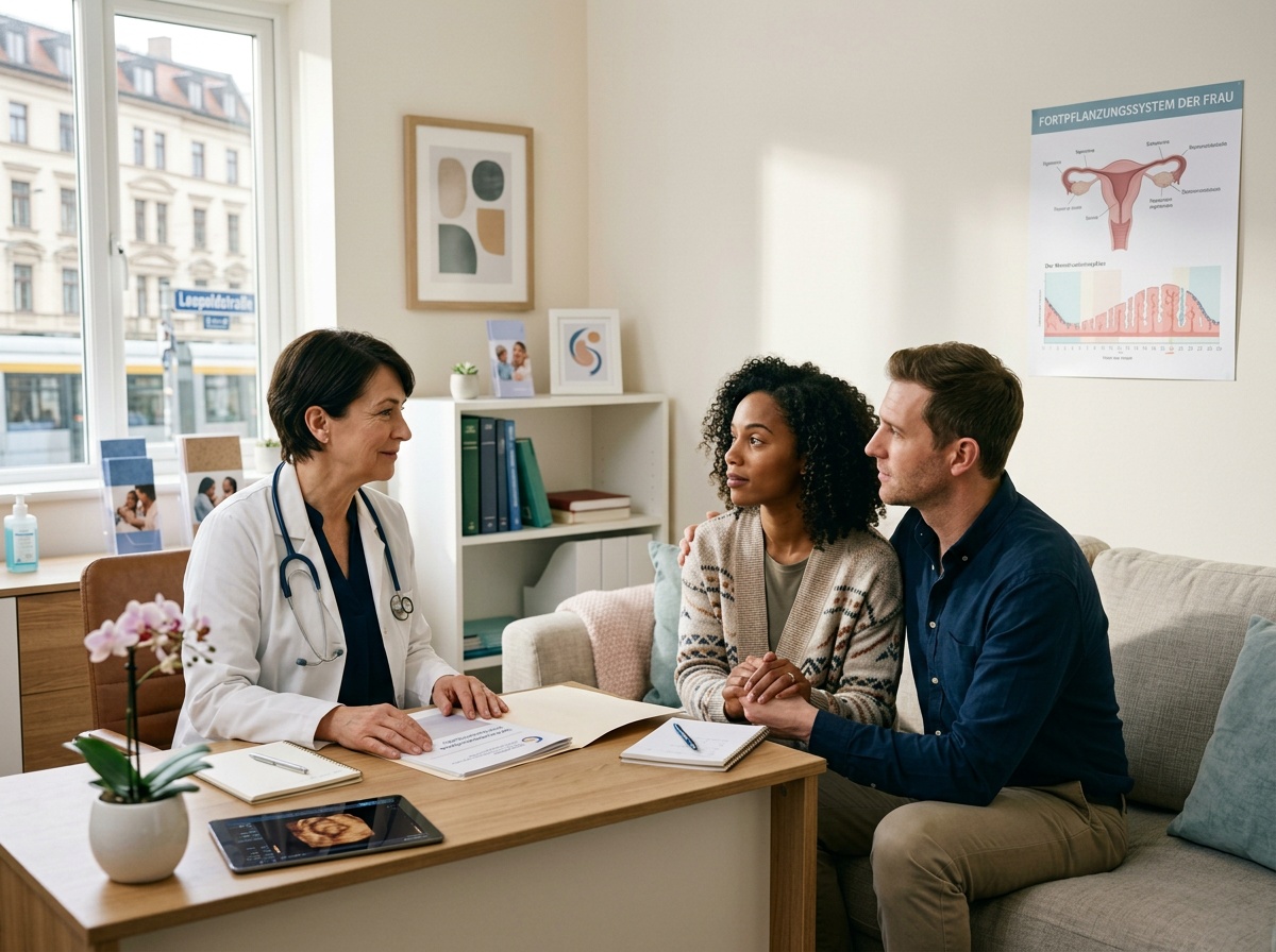 Paar spricht in einer Praxis über Kinderwunsch und Fruchtbarkeit bei PCOS.