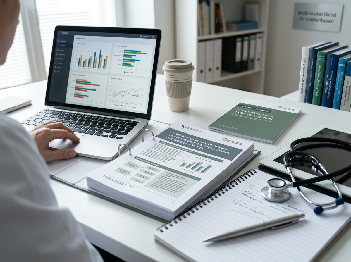 Leitlinienpapier und Notizen als Symbol für die neue deutschsprachige PCOS-Leitlinie.