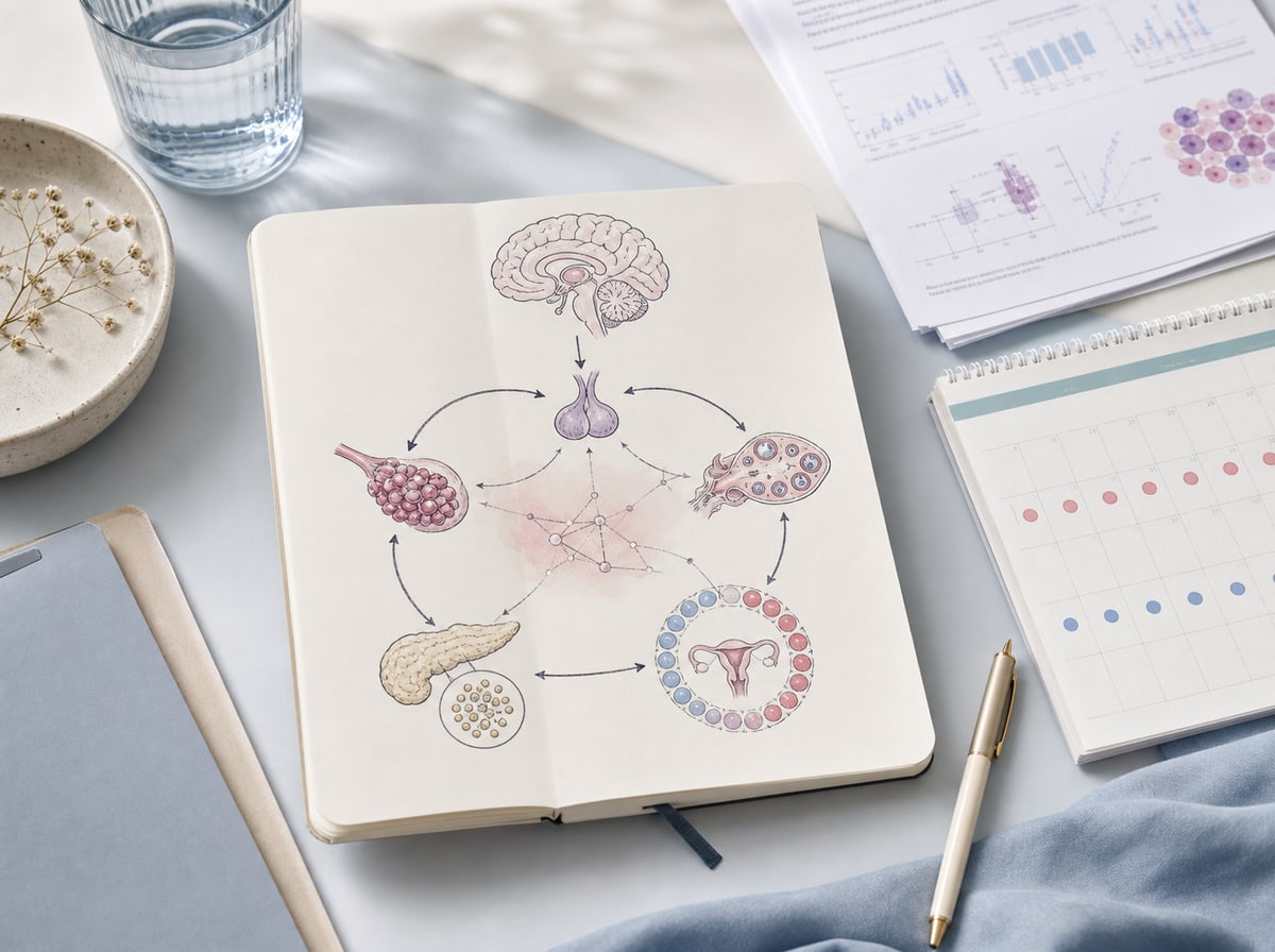 Medizinisches Notizbuch mit Netzwerkdiagramm zu Gehirn, Hormonen, Ovarien, Insulin und Zyklus bei PCOS.