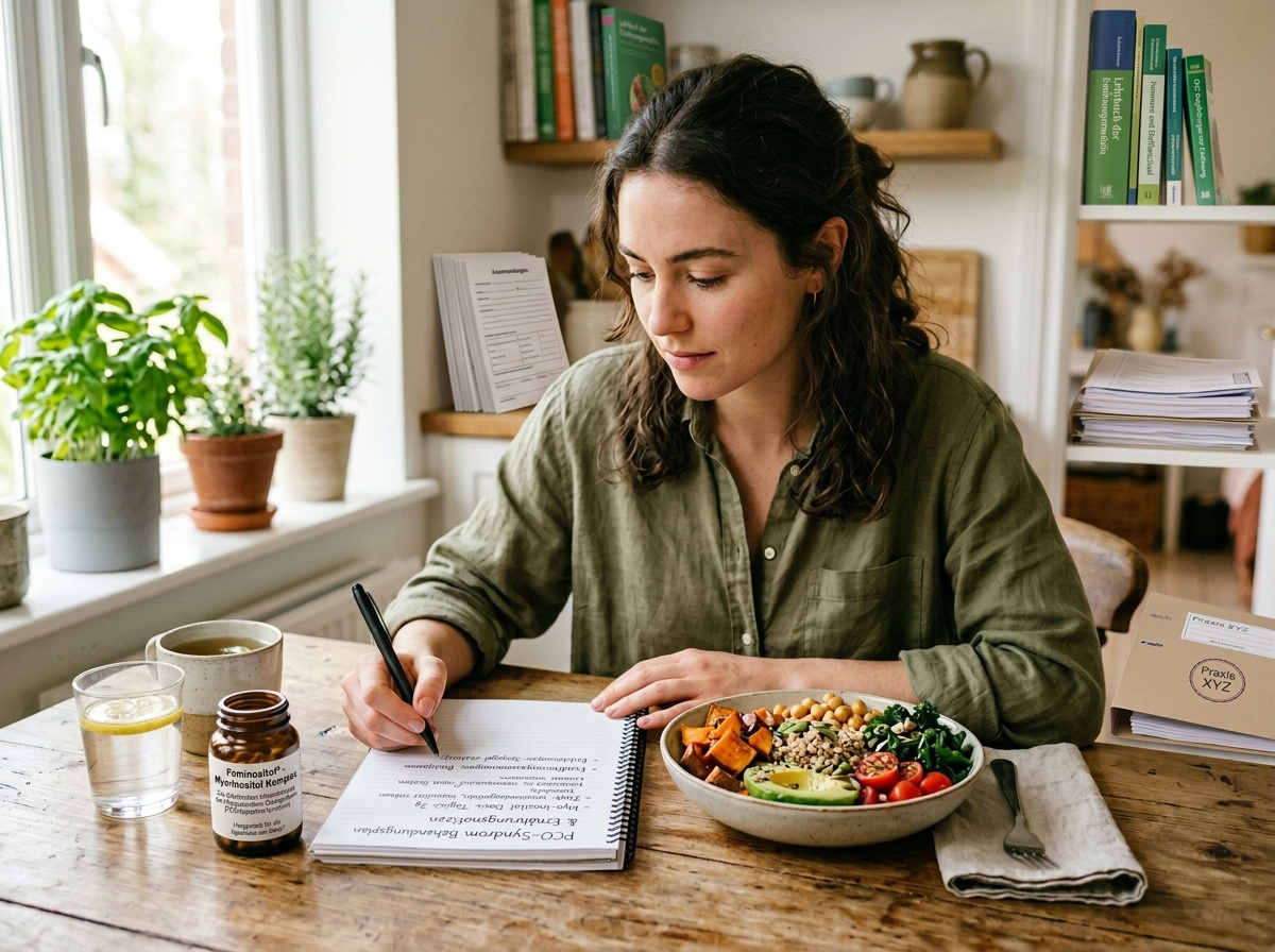 Supplement-Dose und Alltagsszene als Symbol für Inositol bei PCOS.