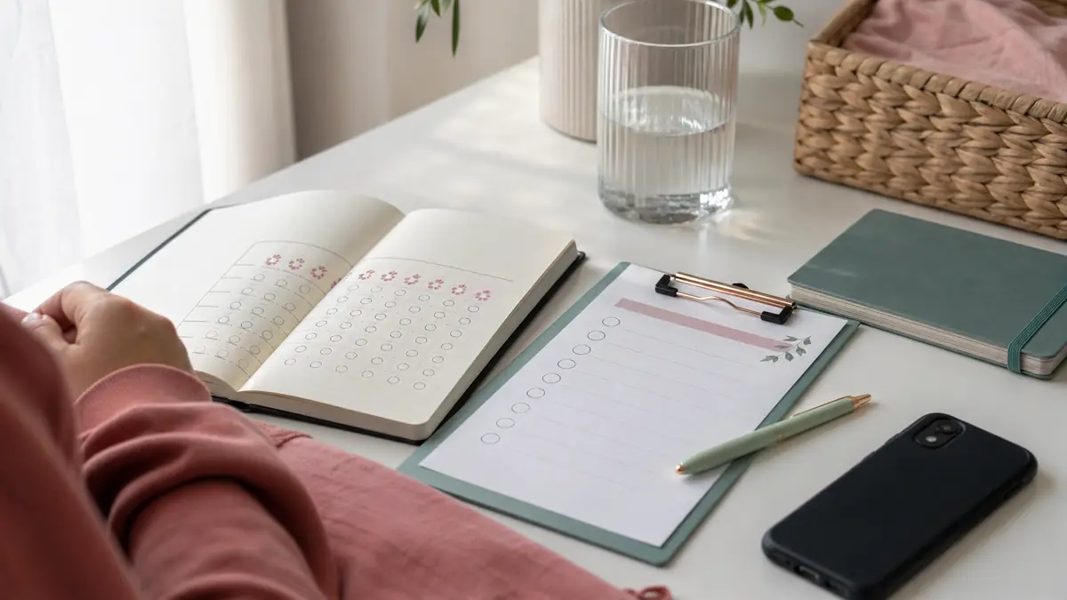 Zyklusnotizbuch, Checkliste, Stift und Smartphone als ruhiges Symbol für die Vorbereitung einer PCOS-Abklärung bei Jugendlichen.