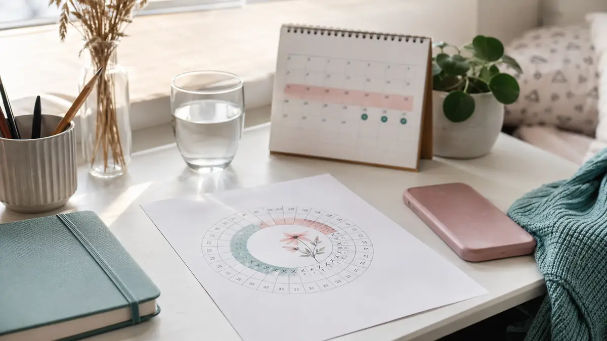 Schreibtisch mit Zyklustracker, Kalender, Notizbuch und Wasser als ruhiges Symbol für PCOS-Abklärung in der Jugend.