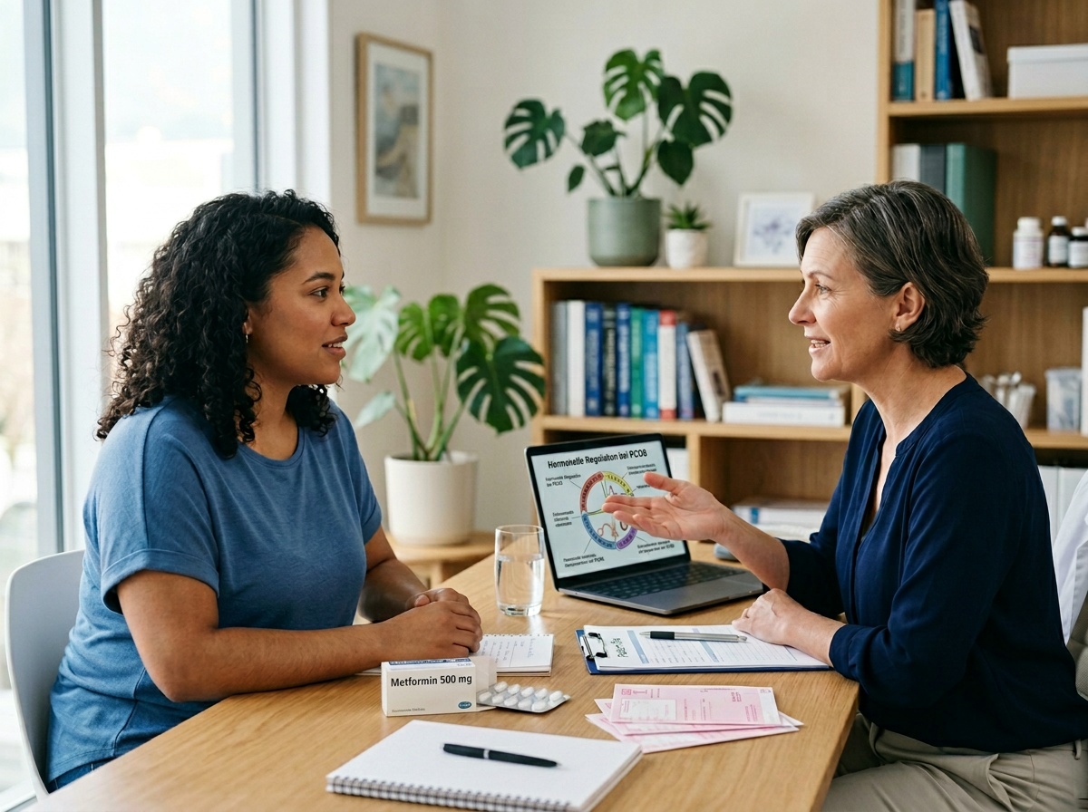 Tabletten und Arztgespräch als Symbol für den Einsatz von Metformin bei PCOS.