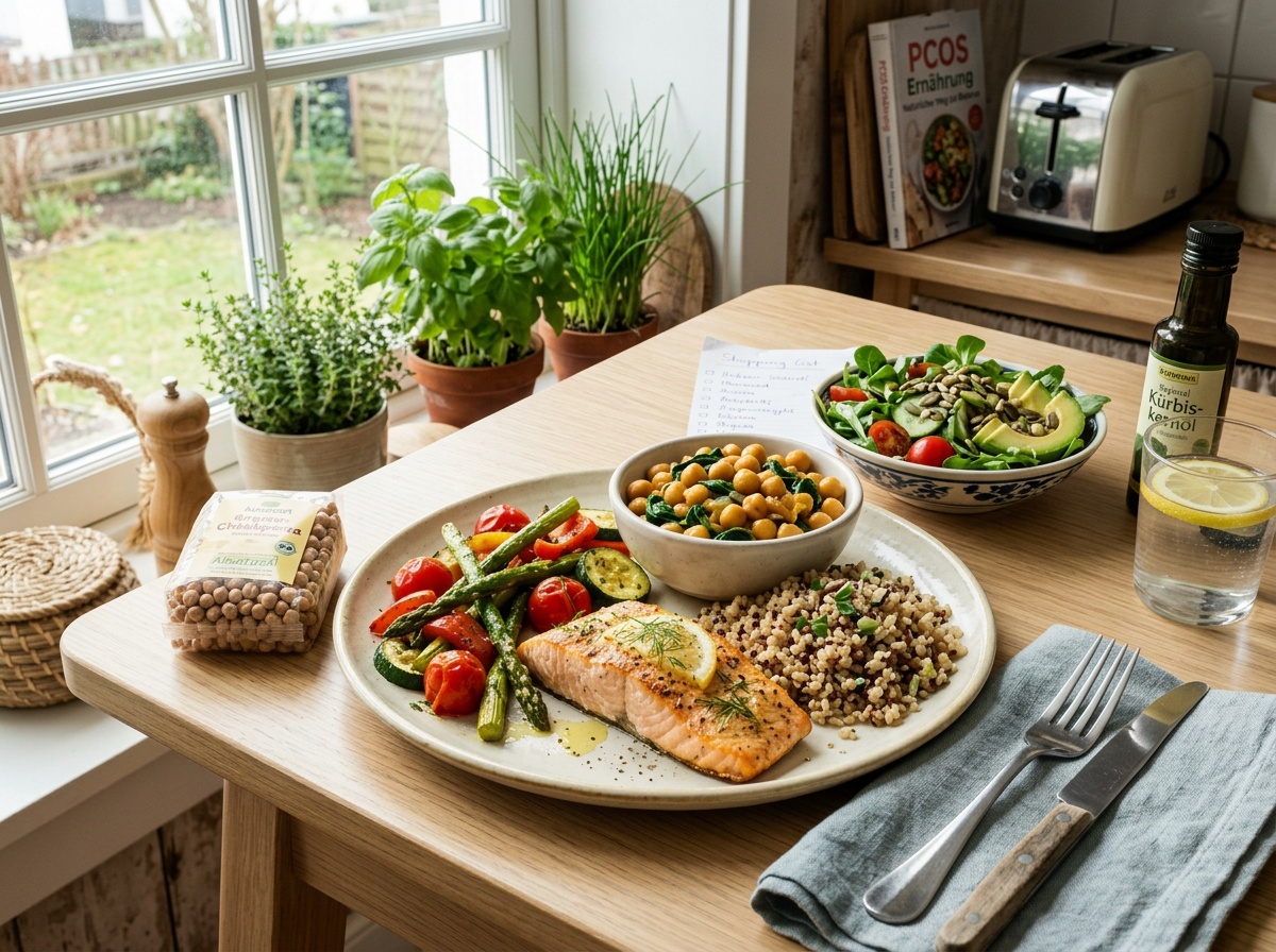 Gesunde Mahlzeit mit Vollkorn, Gemüse und Protein als Symbol für Ernährung bei PCOS.