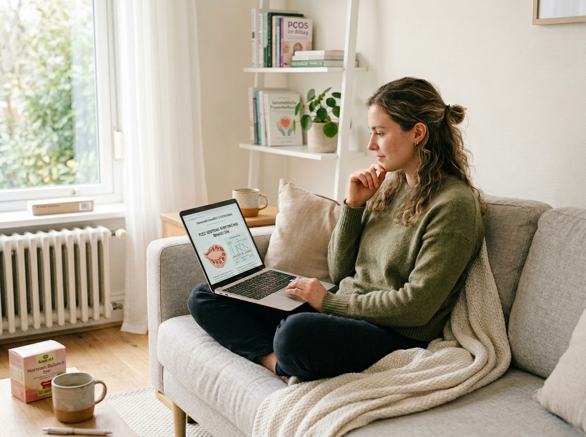 Junge Frau sitzt nachdenklich auf dem Sofa und liest Gesundheitsinformationen zu PCOS.