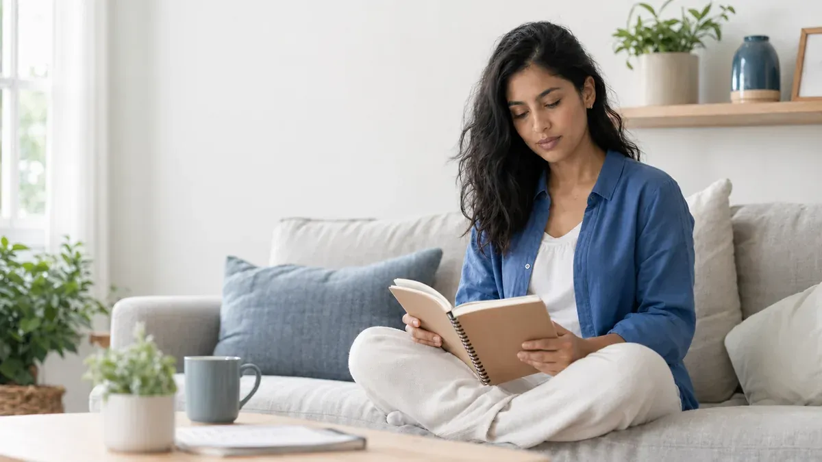 Frau notiert Gedanken zu PCOS und psychischer Belastung.