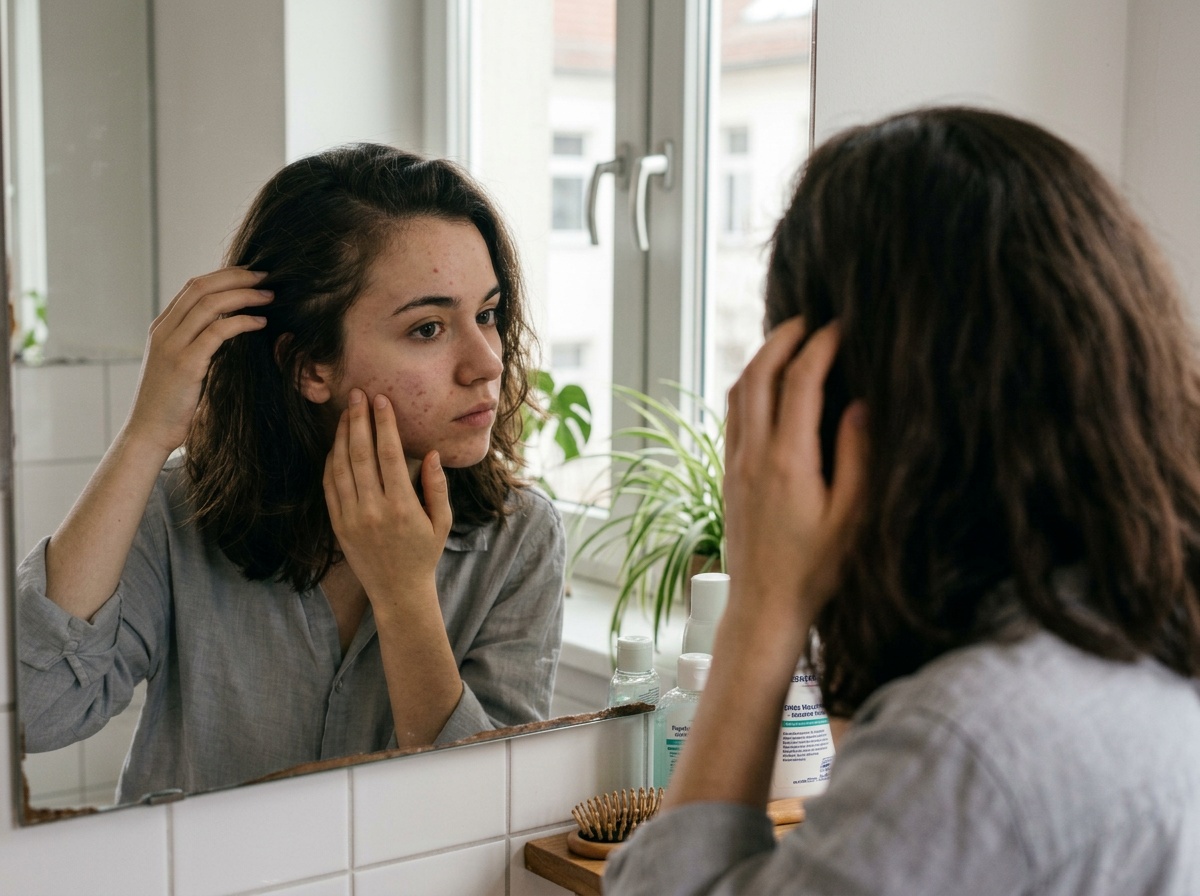 Junge Frau untersucht Haut und Haarlinie als Symbol für Akne und Haarausfall bei PCOS.