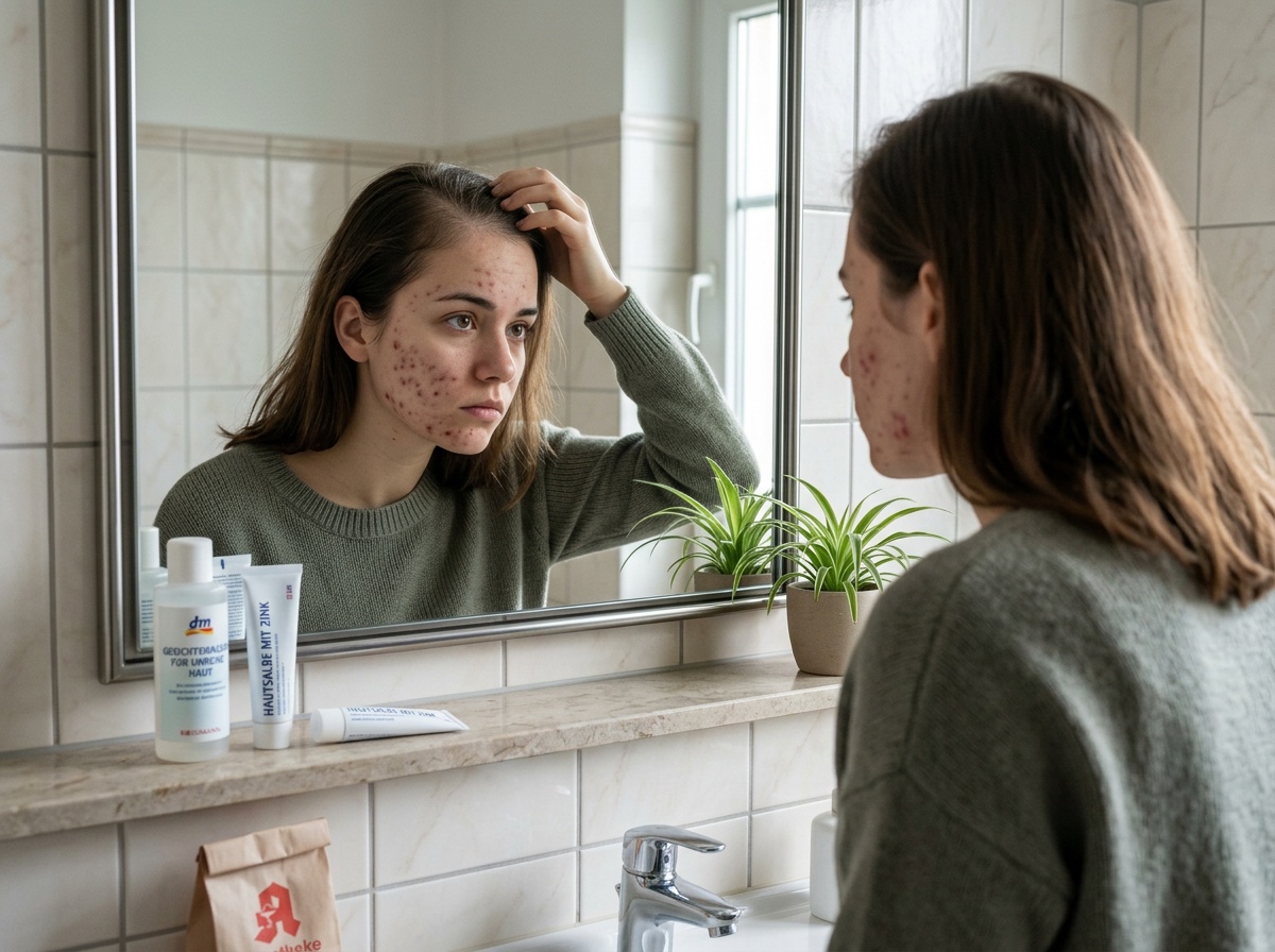 Frau betrachtet ihr Spiegelbild und dokumentiert Haut- und Haarveränderungen bei PCOS.