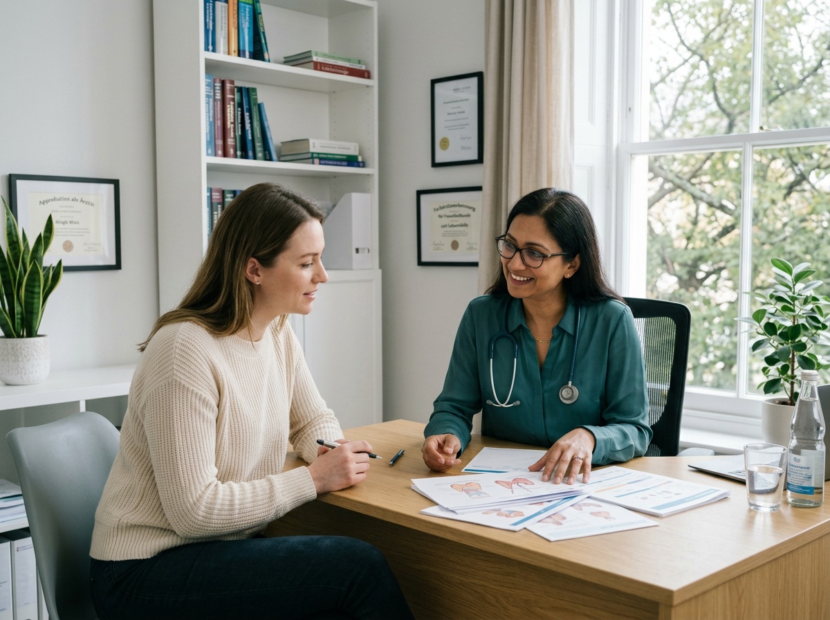 Arztgespräch über Behandlung, Medikamente und langfristige Therapieziele bei PCOS.