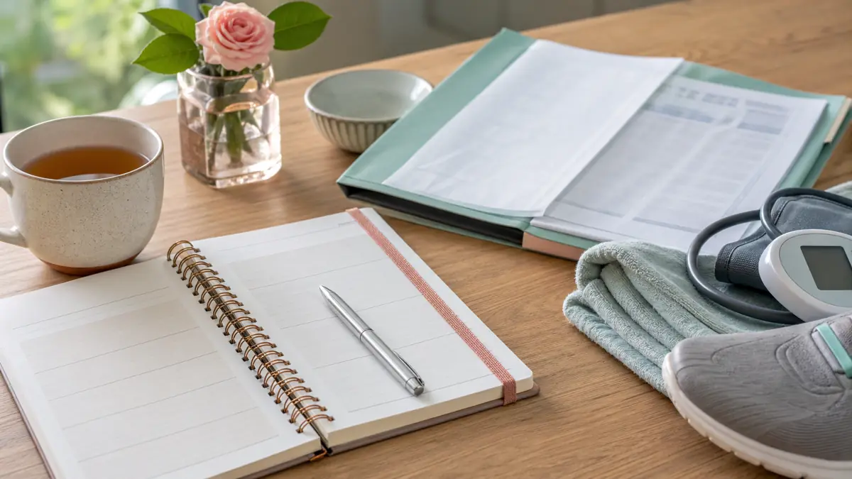 Notizbuch, Laborunterlagen, Blutdruckmanschette und Bewegungsausrüstung als Symbol für Langzeitkontrollen bei PCOS.