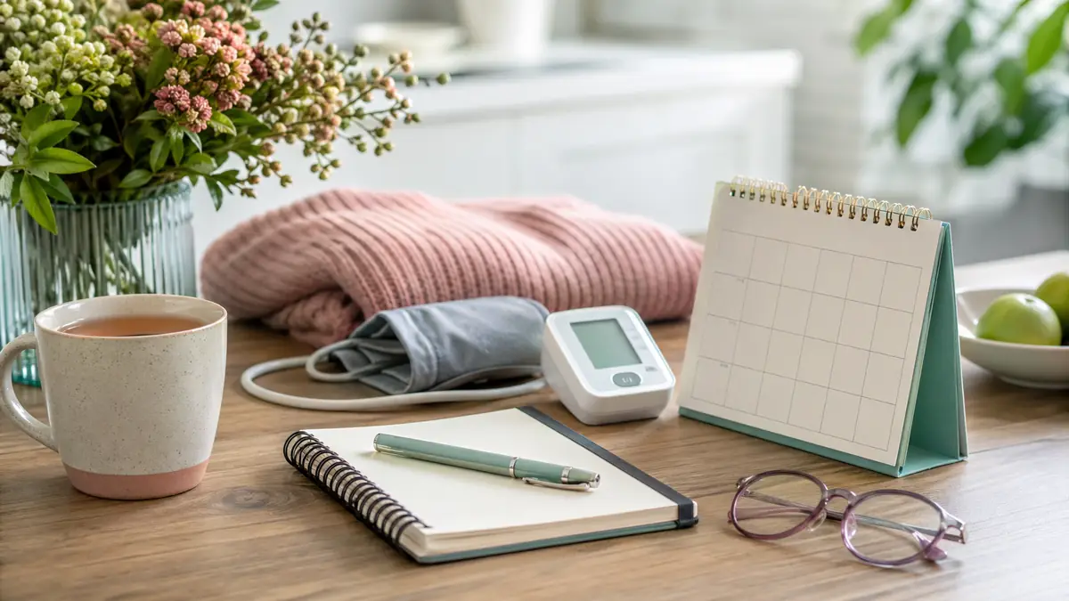 Ruhige Gesundheitsszene mit Kalender, Blutdruckmessgerät, Notizbuch und Tee als Symbol für PCOS in späteren Lebensphasen.