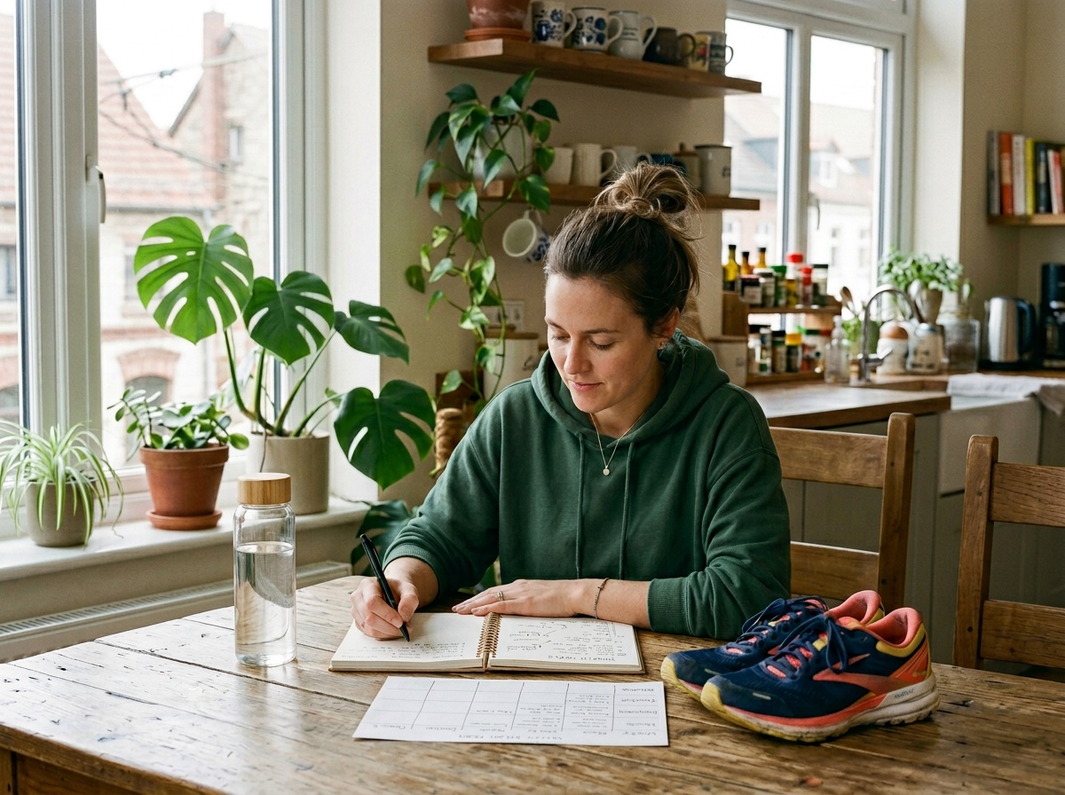 Frau plant Bewegung und Mahlzeiten als Symbol für Gewichtsmanagement bei PCOS.